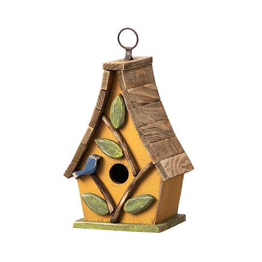 Glitzhome&#xAE; 9.5&#x22; Yellow Distressed Wood Birdhouse with Leaves